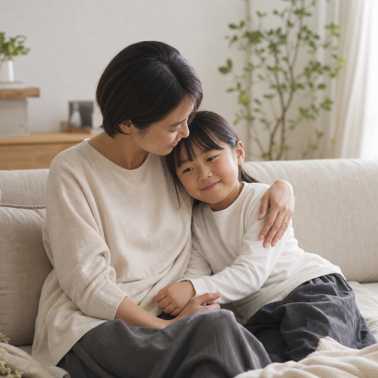 家のソファで寄り添う親子
