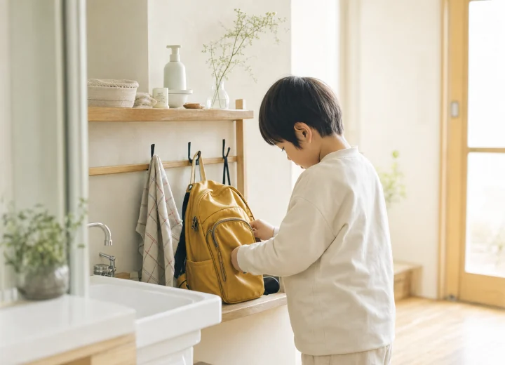 朝、自分で黄色いかばんの準備をする子ども